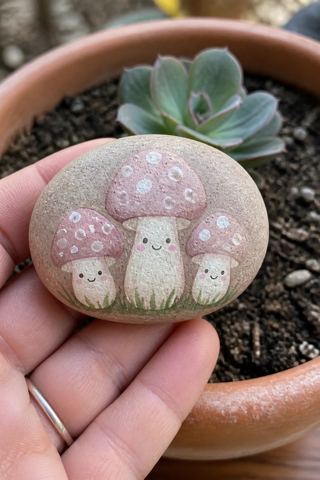 Hand holding painted rock with three smiling pink-spotted mushrooms on grass