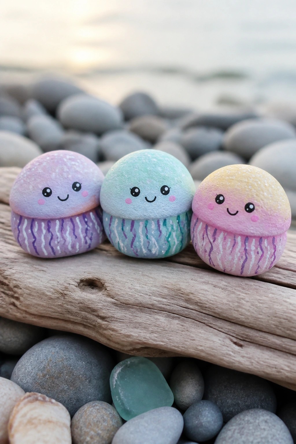 Three colorful hand-painted jellyfish rocks with faces on driftwood at beach