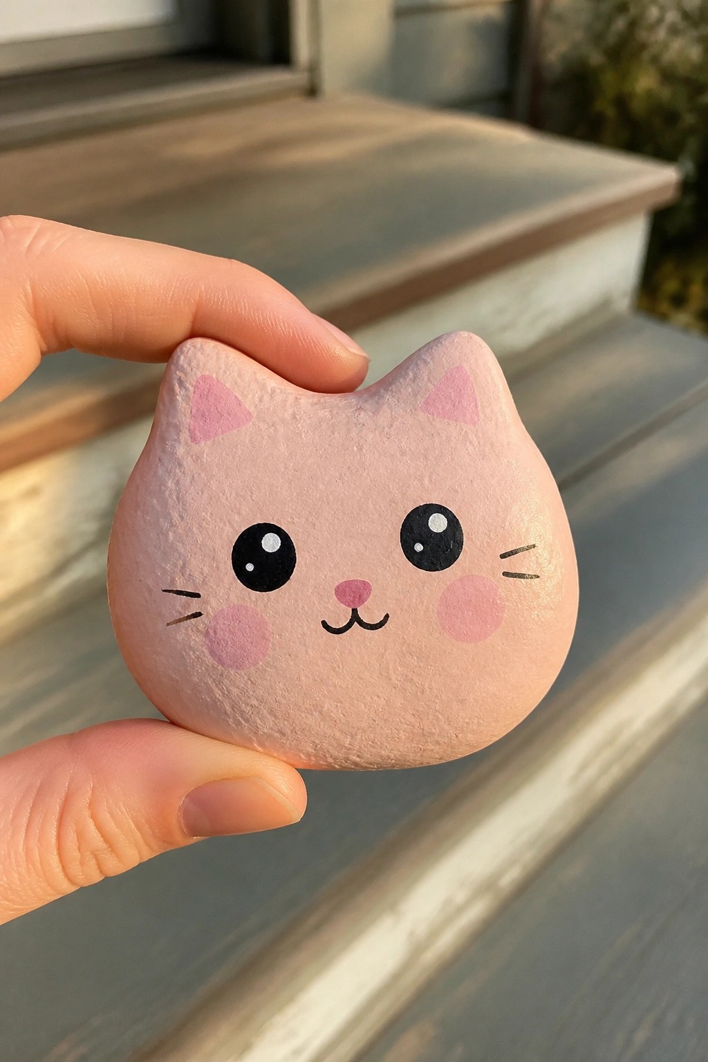 Hand holding pink cat-faced painted rock with big black eyes and pink cheeks