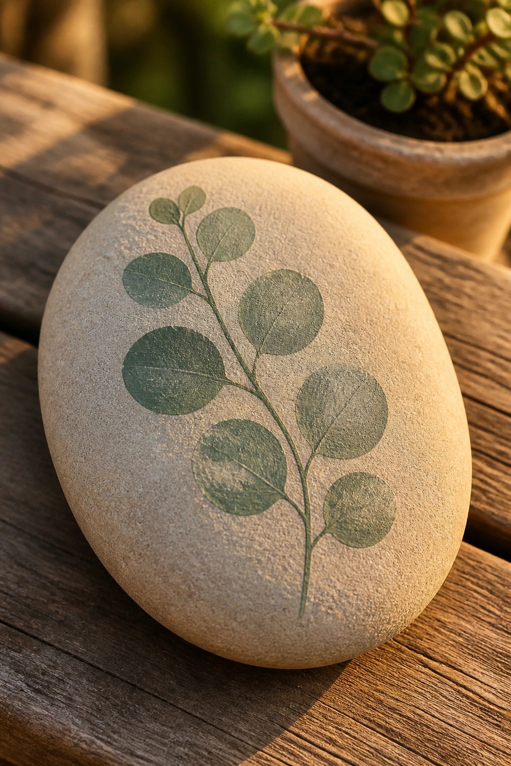 Smooth stone with green leafy branch print on rustic wooden surface