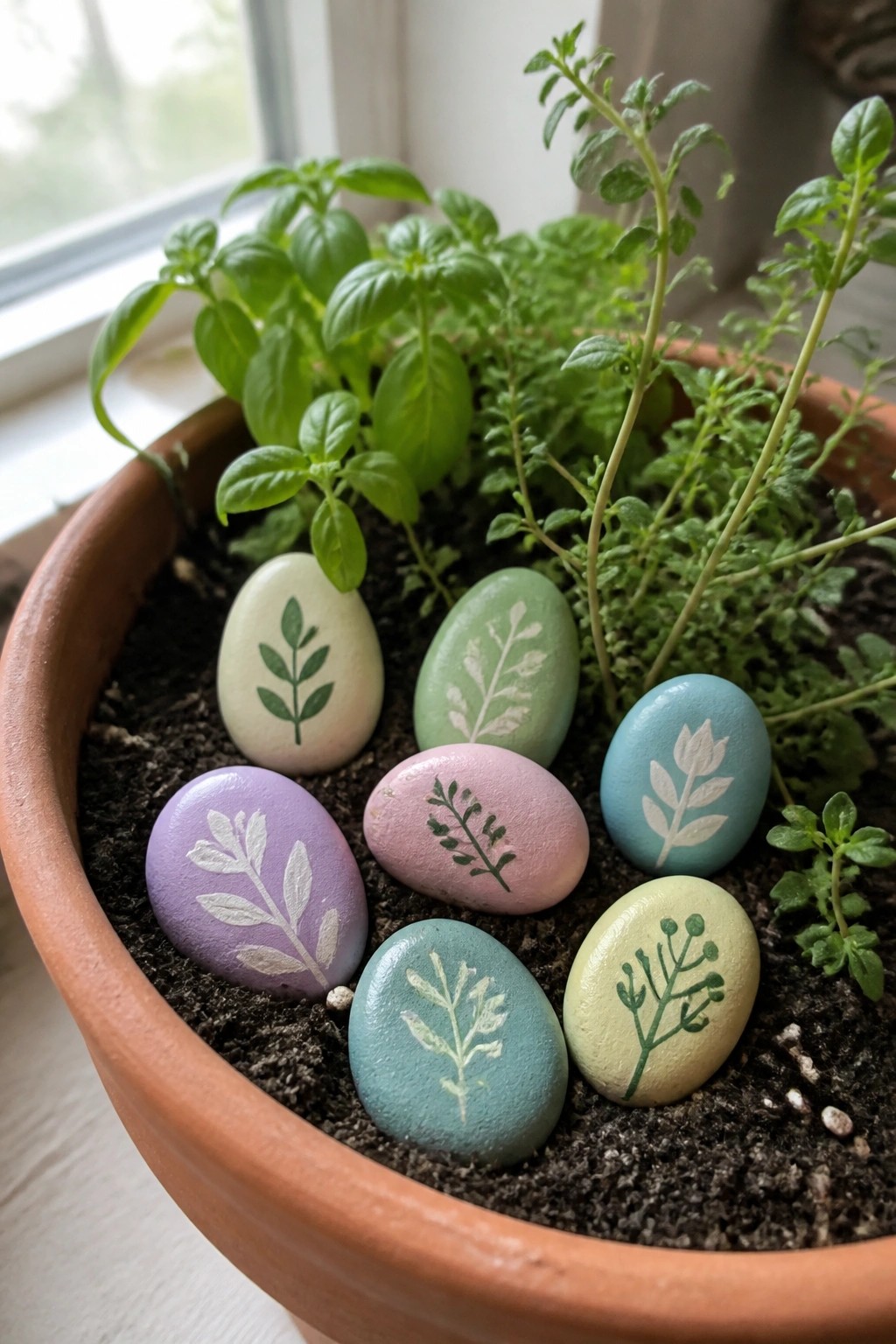 Pastel painted stones with plant designs in soil among potted herbs.