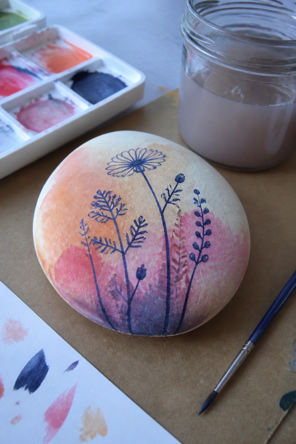 Painted stone with blue wildflowers over pink-orange watercolor wash, palette and brush nearby