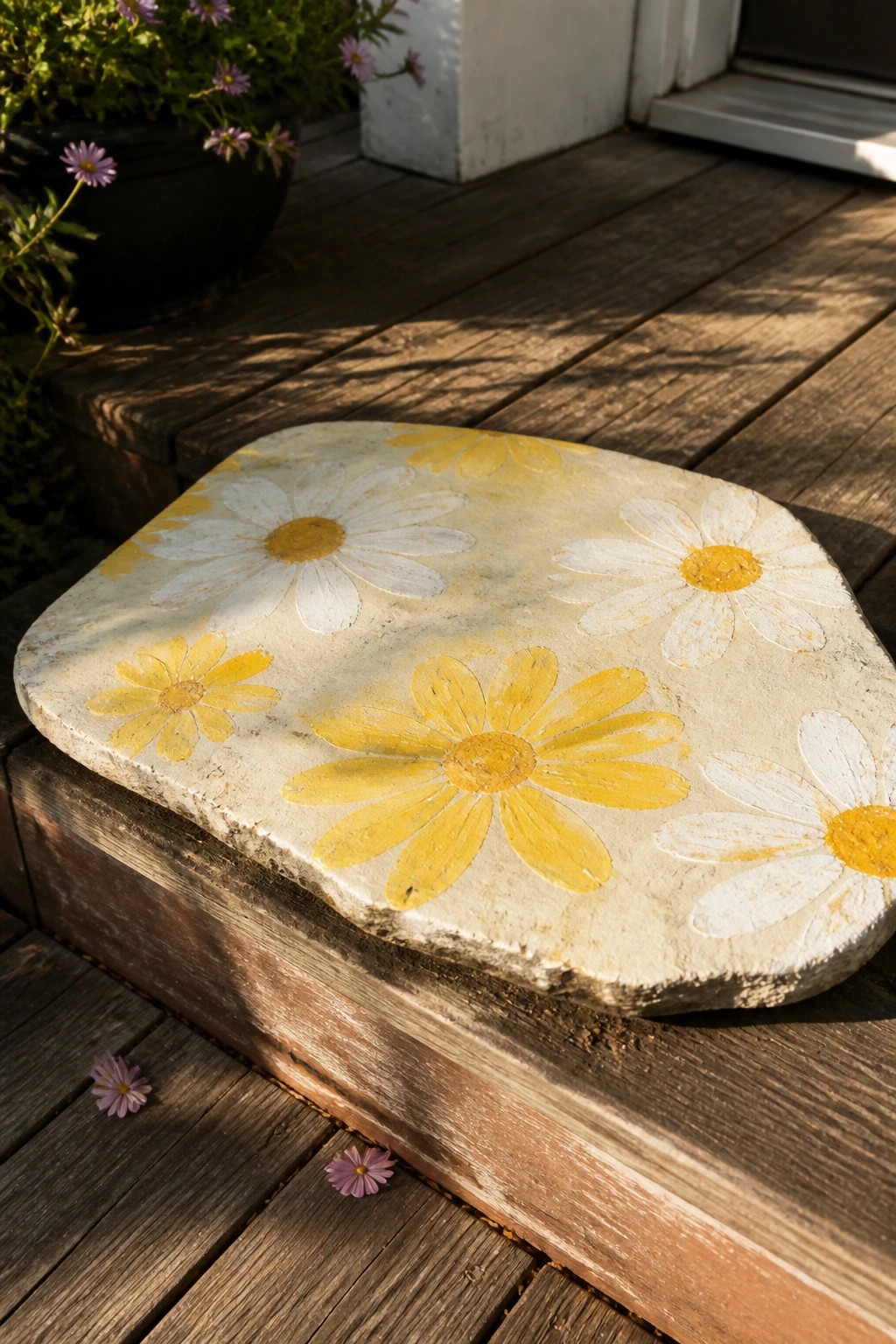 Irregular stone slab painted with yellow and white daisies on wooden deck
