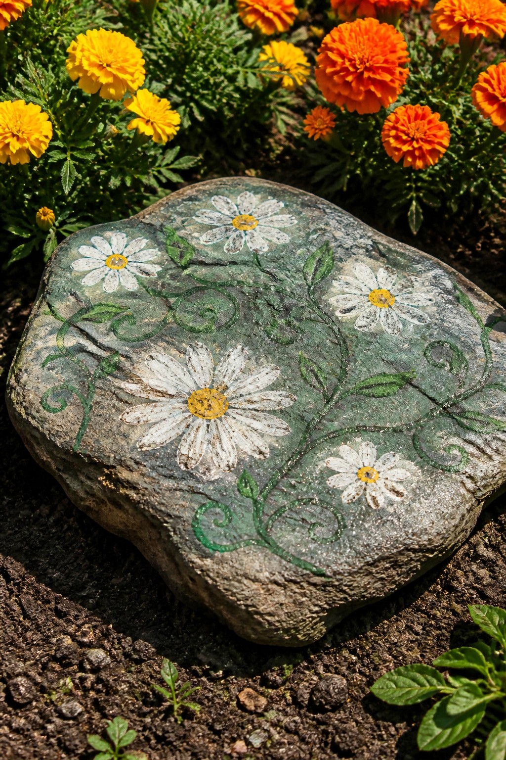 Painted rock with white daisies and green vines amid orange marigolds in garden.