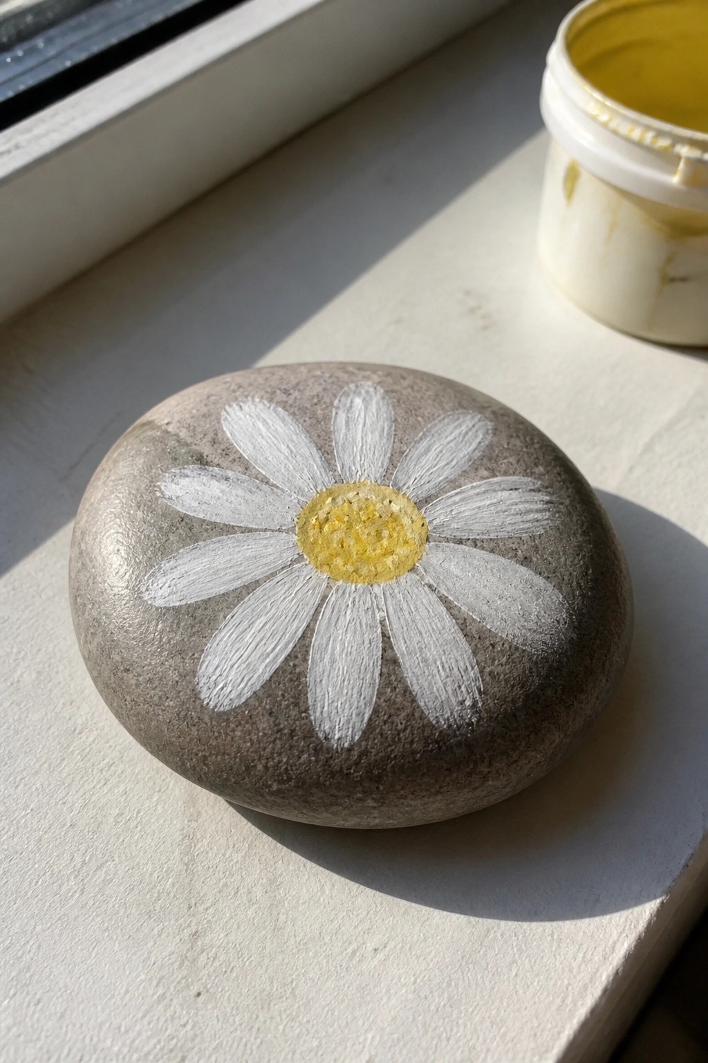 Gray stone painted with white daisy petals and yellow center on windowsill