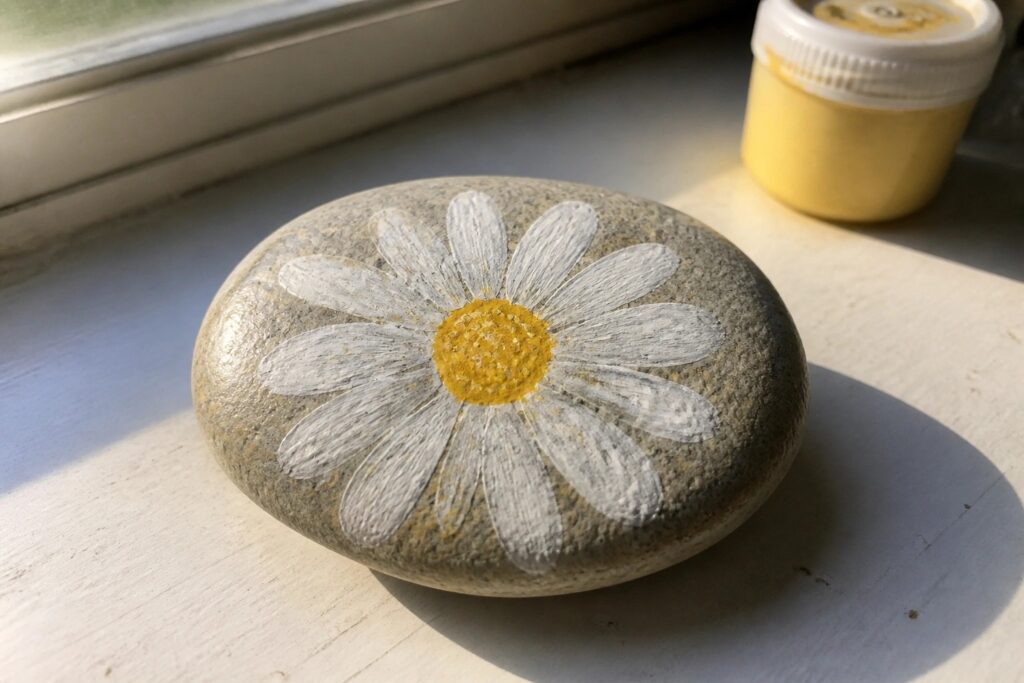 Gray stone painted with white daisy petals and yellow center on windowsill