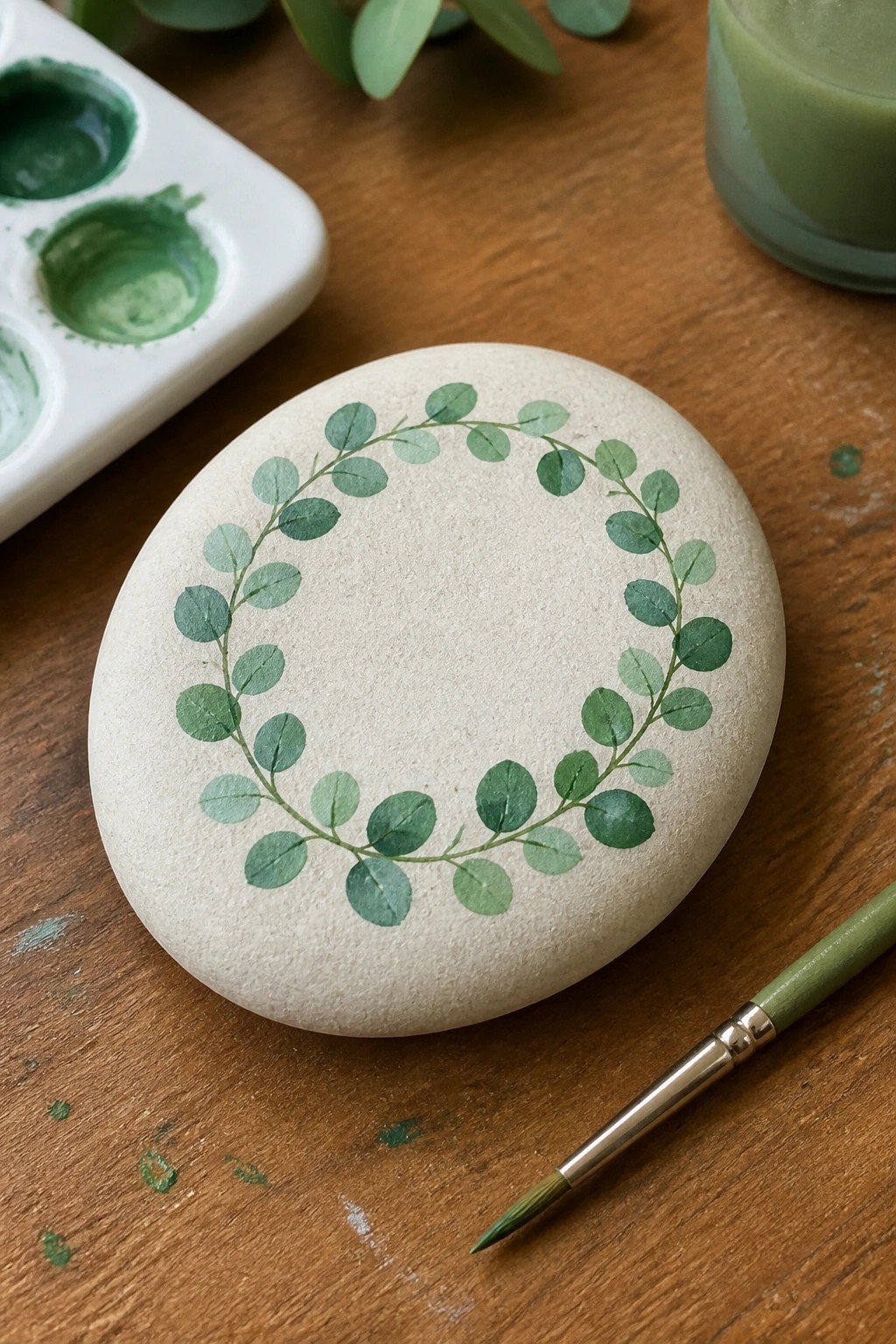 Painted stone with green leafy wreath, paint palette and brush on wood.