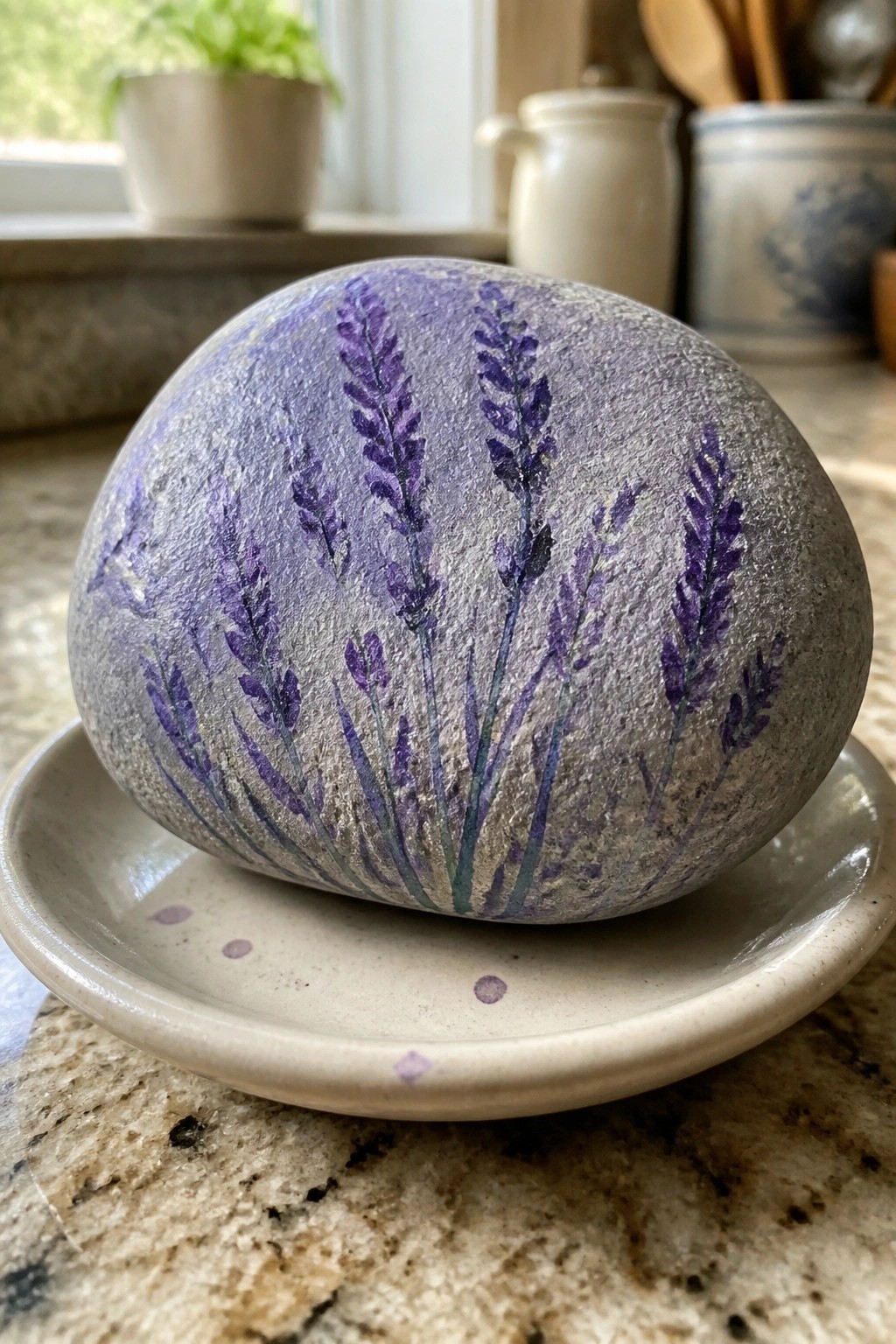 Gray rock painted with purple lavender sprigs on ceramic saucer atop granite counter