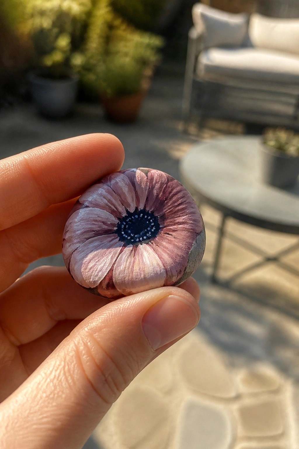 Hand holding round stone painted as purple daisy with blue center.