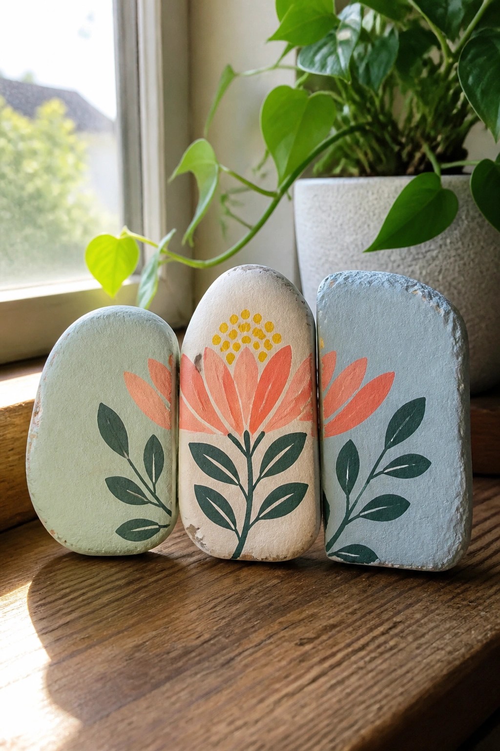 Three painted rocks with floral designs on a wooden windowsill by a plant.