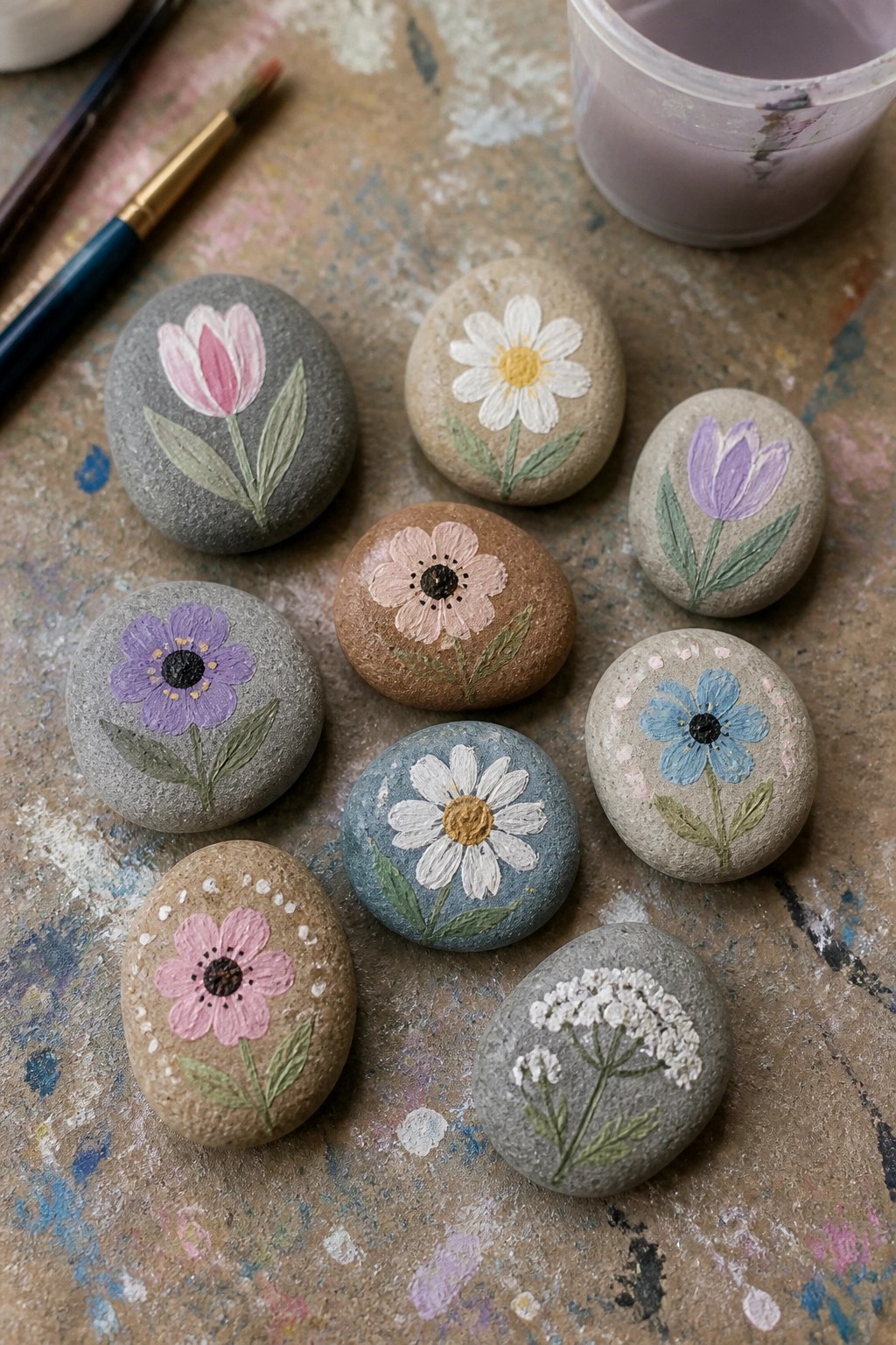 Painted rocks with colorful flowers beside brushes on splattered surface