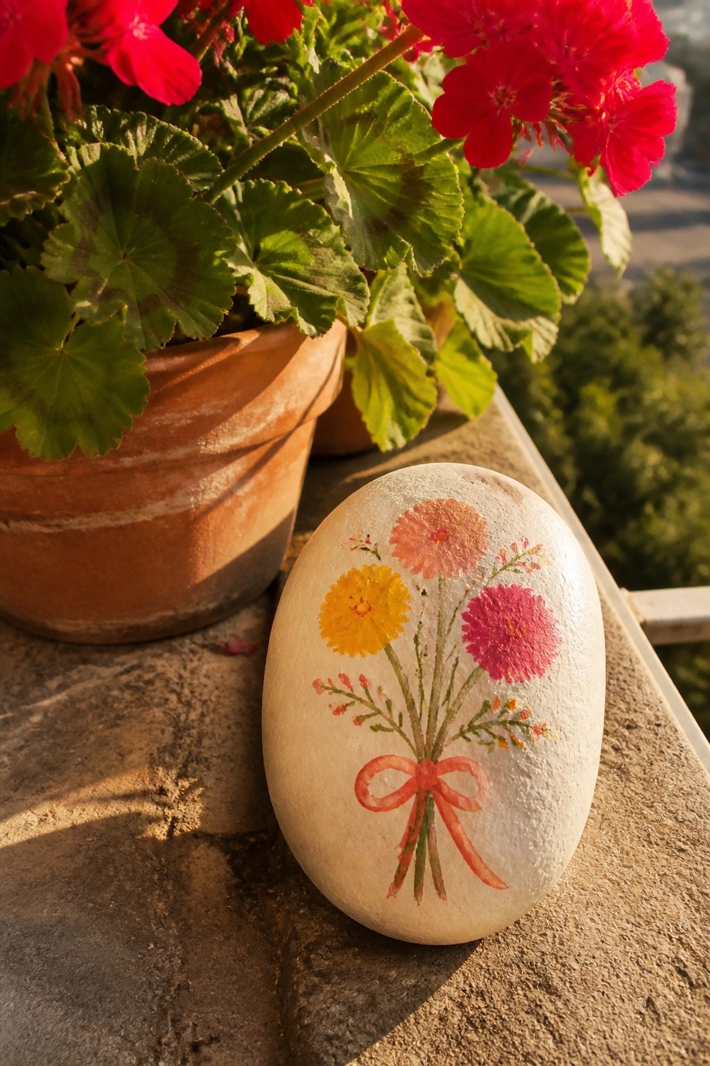 Painted stone with colorful flower bouquet and red bow beside potted geraniums.