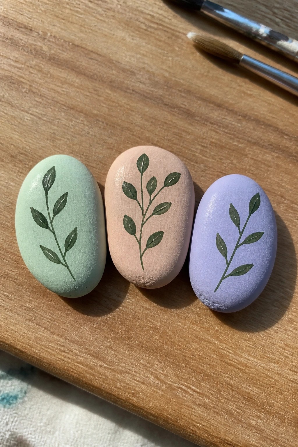 Three pastel stones painted with green leafy branches on wooden surface