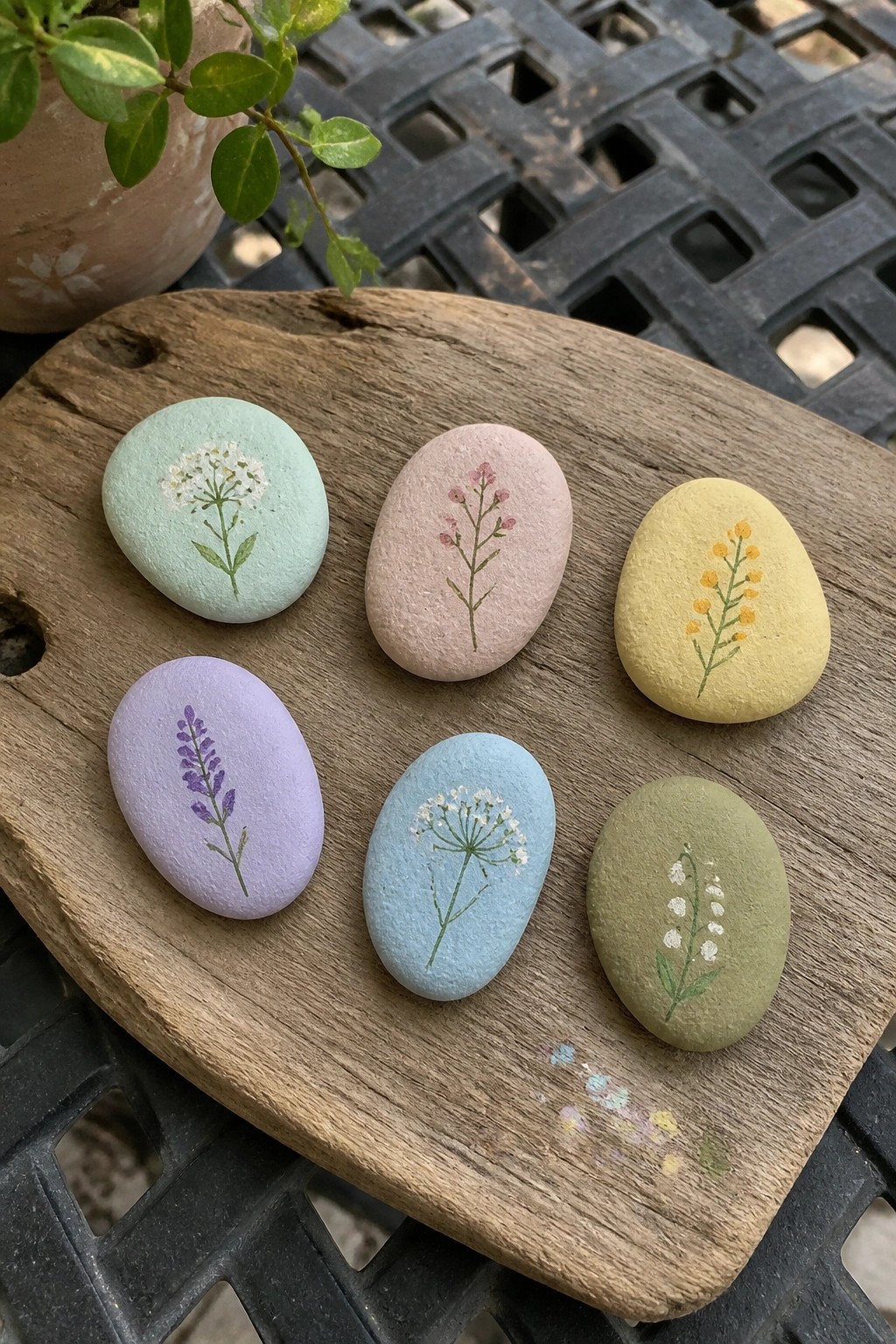 Six smooth oval stones in pastel colors each painted with a different simple flower or plant design sit on a wooden board.