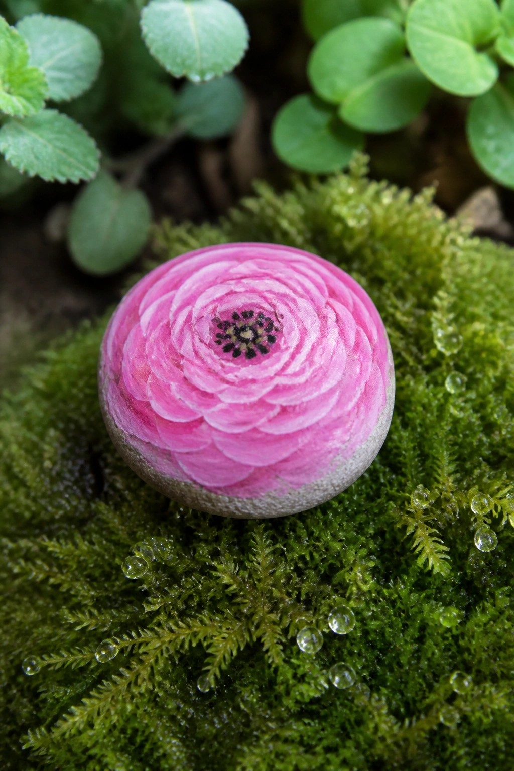 Pink painted ranunculus on round stone atop dew-covered green moss
