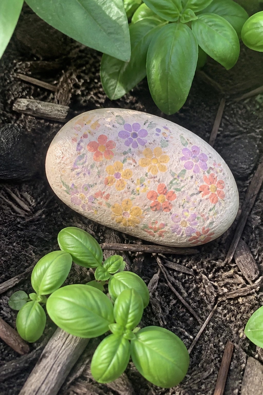 Painted oval stone with colorful flowers amid green basil plants in soil