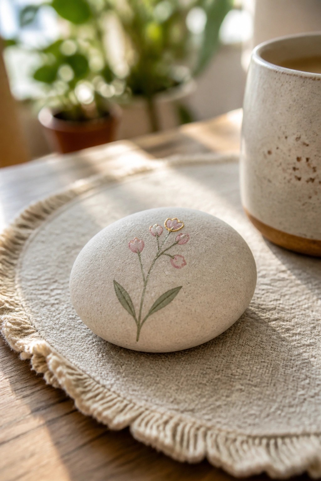 Painted stone with pink flowers on fringed linen beside speckled ceramic mug