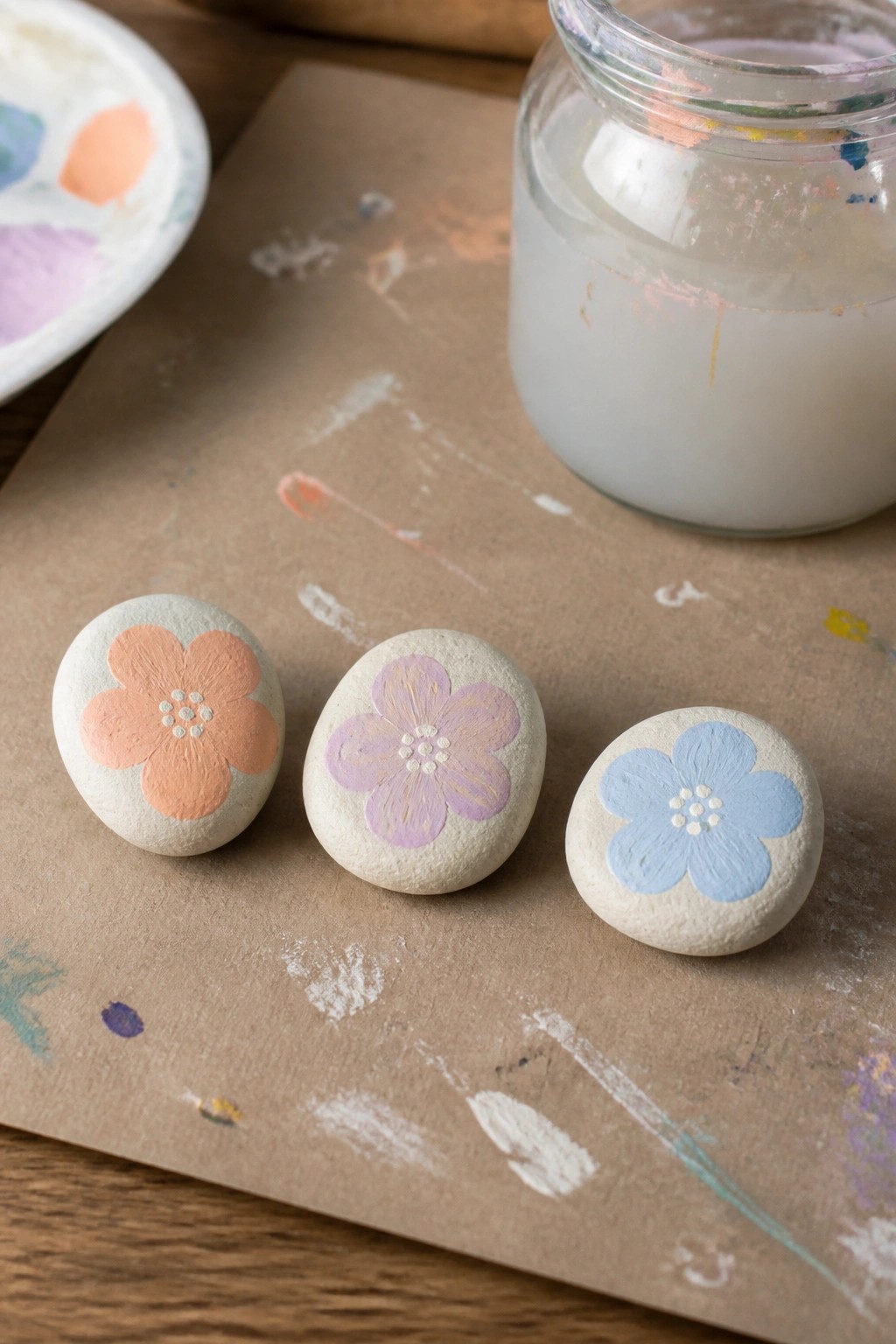 Three smooth stones painted with orange, purple, and blue flowers rest on a sheet of paper beside a paint jar.