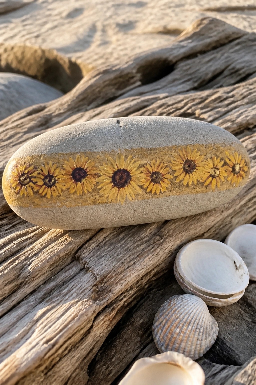 Oval gray stone painted with yellow sunflowers on driftwood near seashells.
