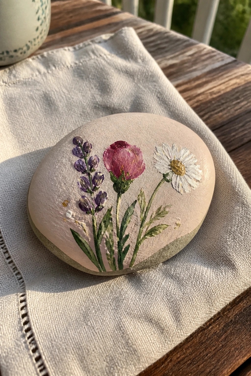 Painted rock with lavender, pink bloom, and daisy on white linen cloth over wood.