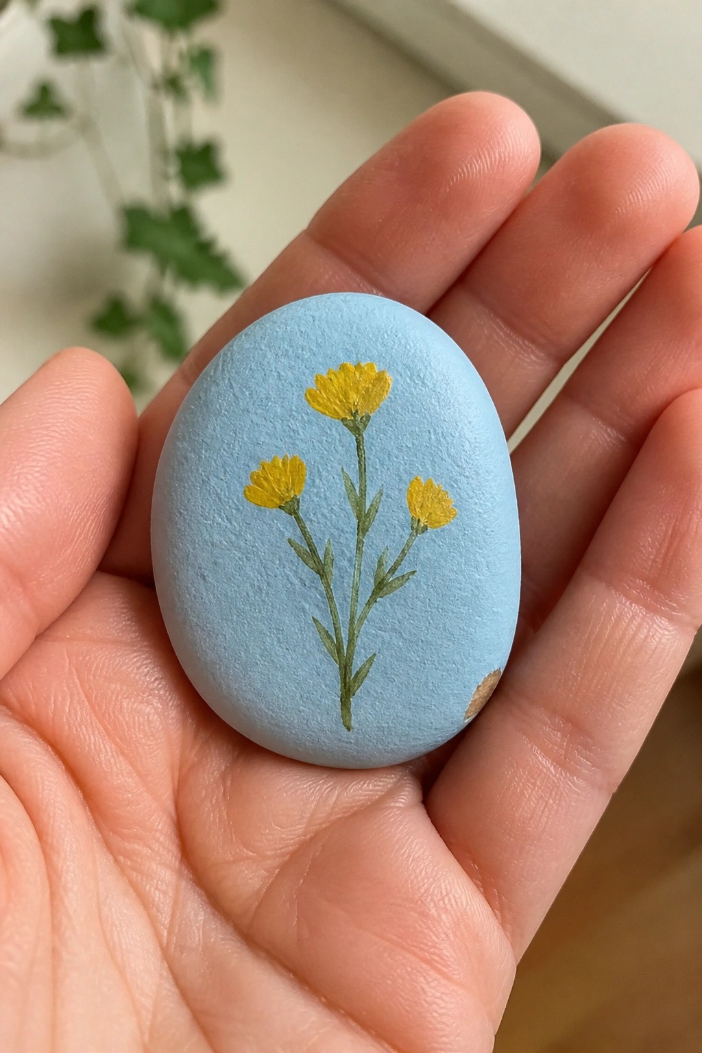 Hand holding light blue oval stone painted with three yellow flowers on green stems