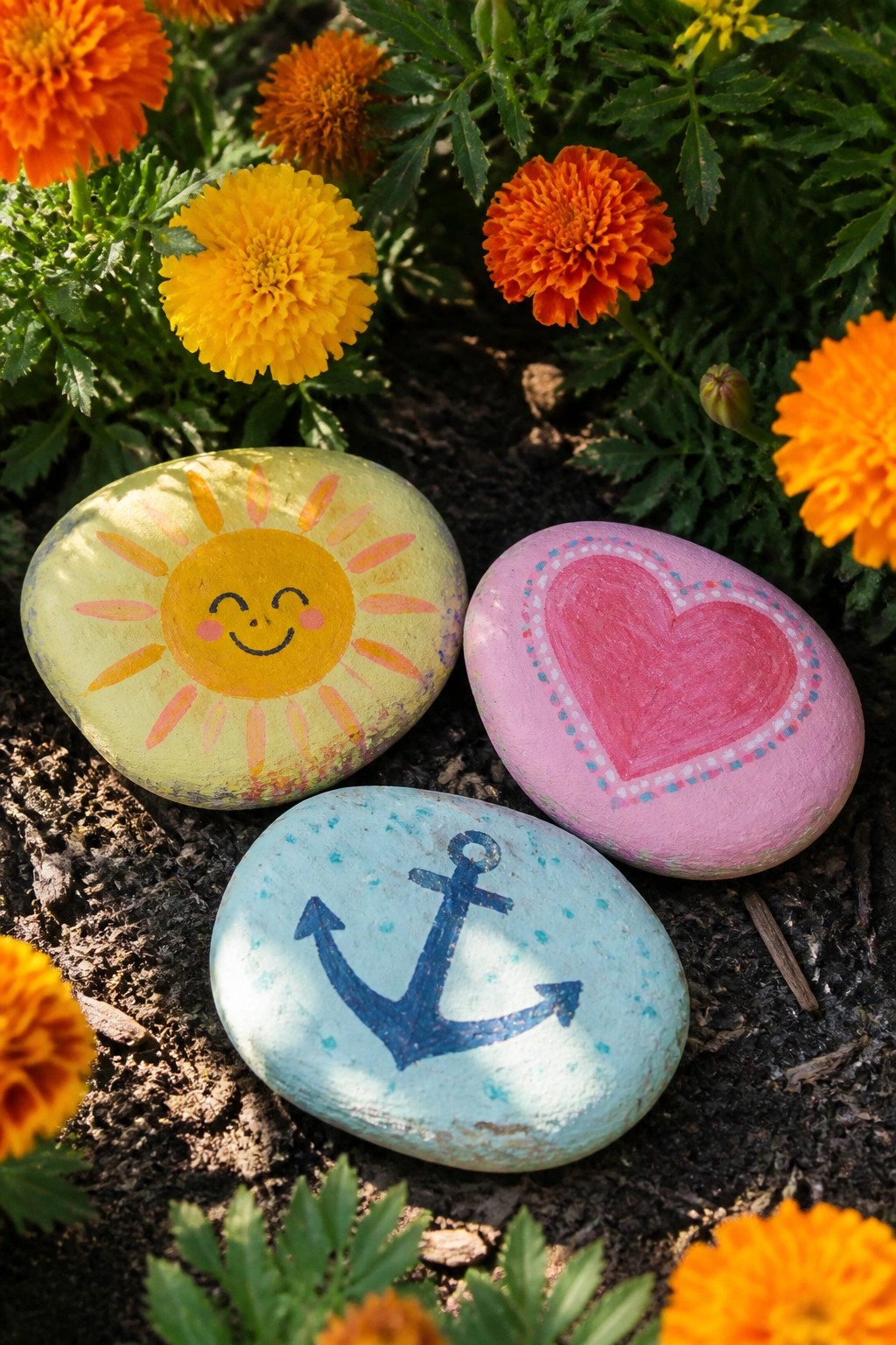Three painted rocks with sun, heart, and anchor designs among marigold flowers