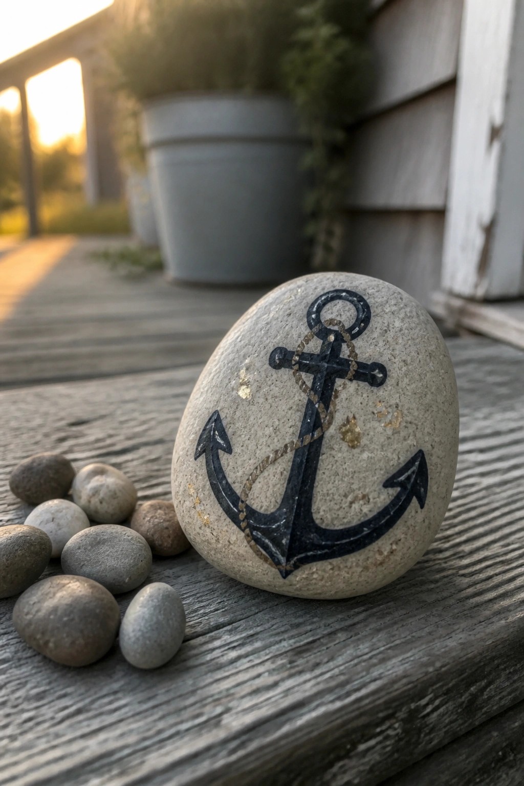 Painted stone with black anchor and gold rope on wooden deck beside pebbles