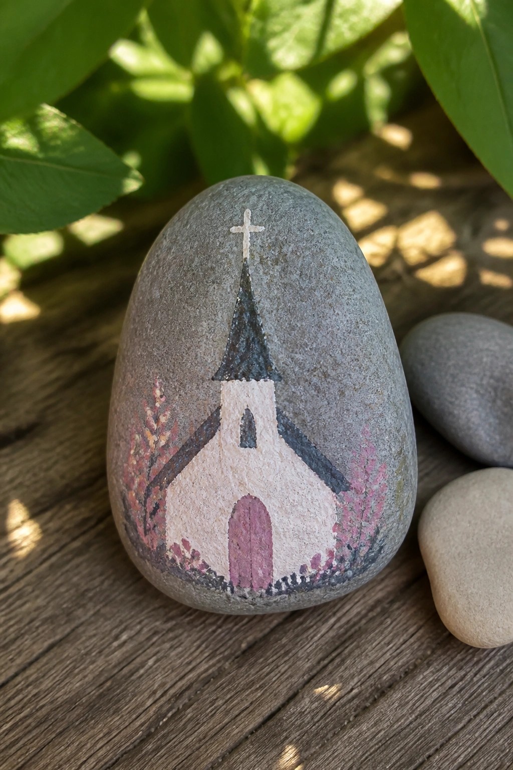 Painted gray stone showing white church with steeple, cross, pink door, and flowers.