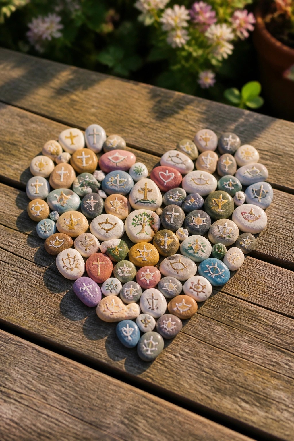 Painted stones with crosses and symbols arranged in a heart on wood