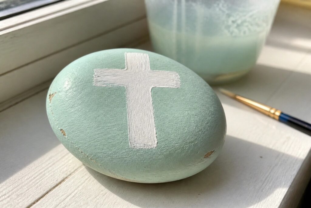 Seafoam green painted rock with white cross beside brush and jar on windowsill