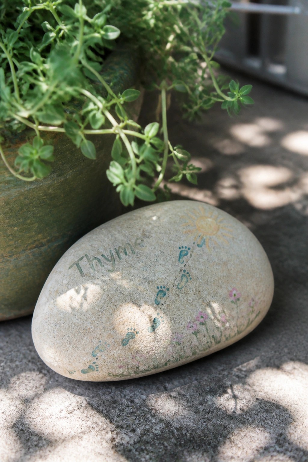 Painted rock with 'Thyme', blue footprints, sun, and flowers beside potted green plant.