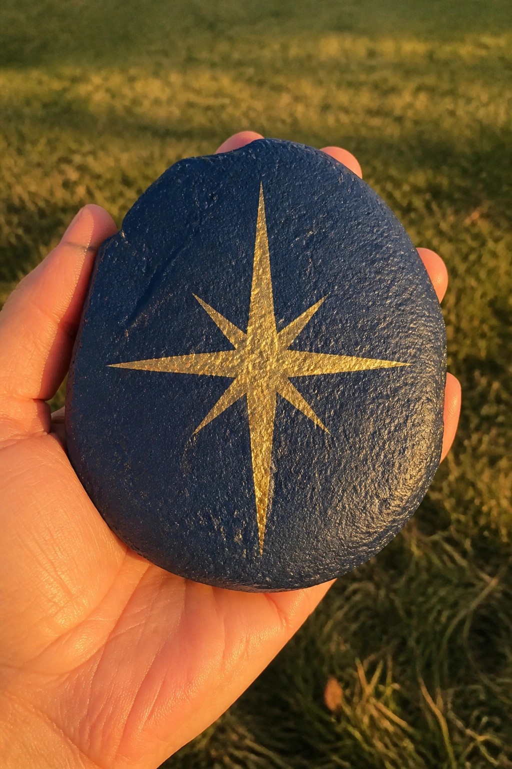 Hand holding smooth blue rock with gold eight-pointed star in sunny grass field