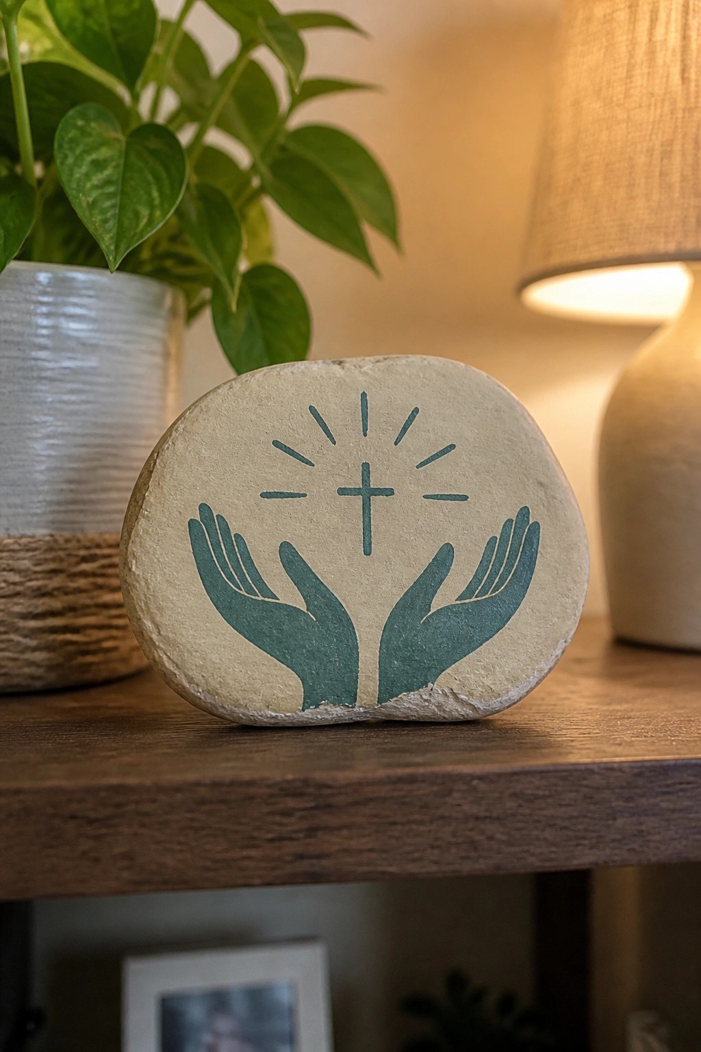 Painted stone with green hands, cross, and rays on wooden shelf beside plant