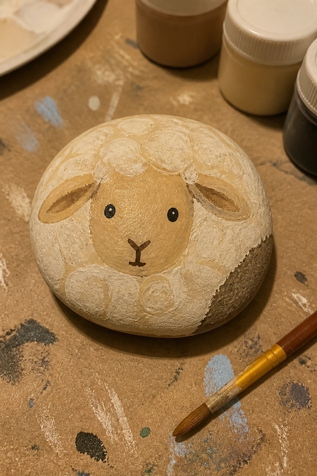 Painted rock sheep with beige wool circles, black eyes, and ears beside paintbrush on wood