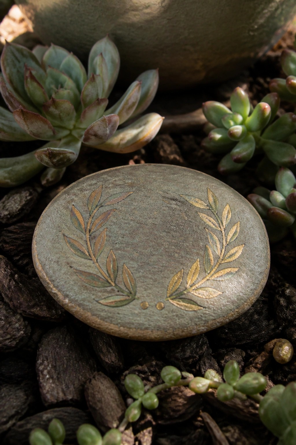 Decorative stone with golden laurel wreath amid succulents and pebbles