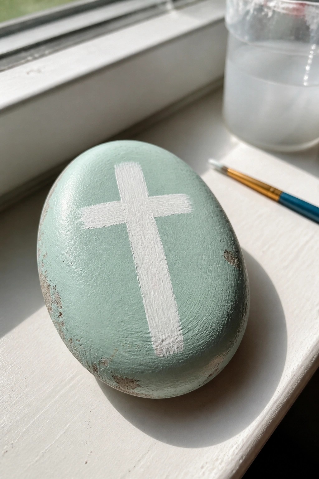 Seafoam green painted rock with white cross beside brush and jar on windowsill