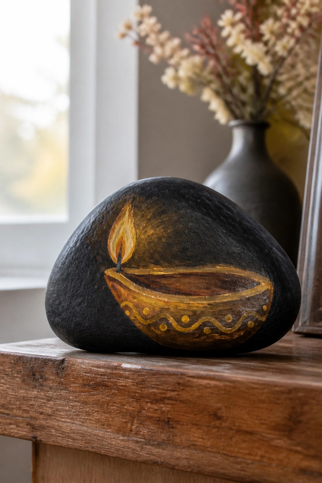 Black painted rock with golden diya and flame on wooden table