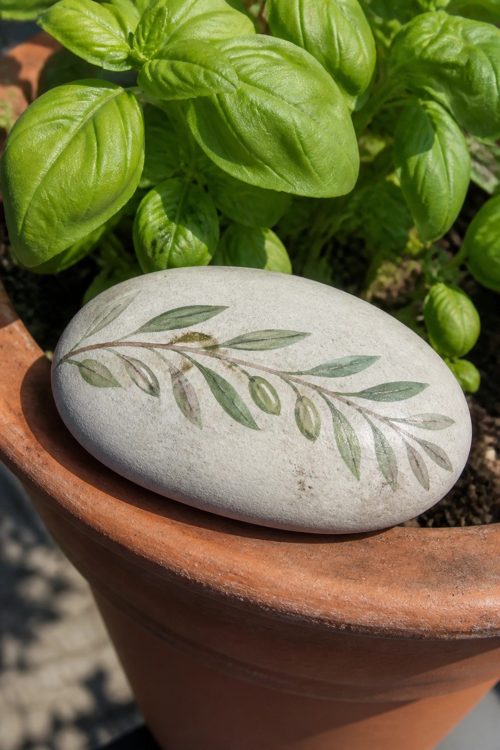 Painted stone with olive branch on terracotta pot rim beside green basil