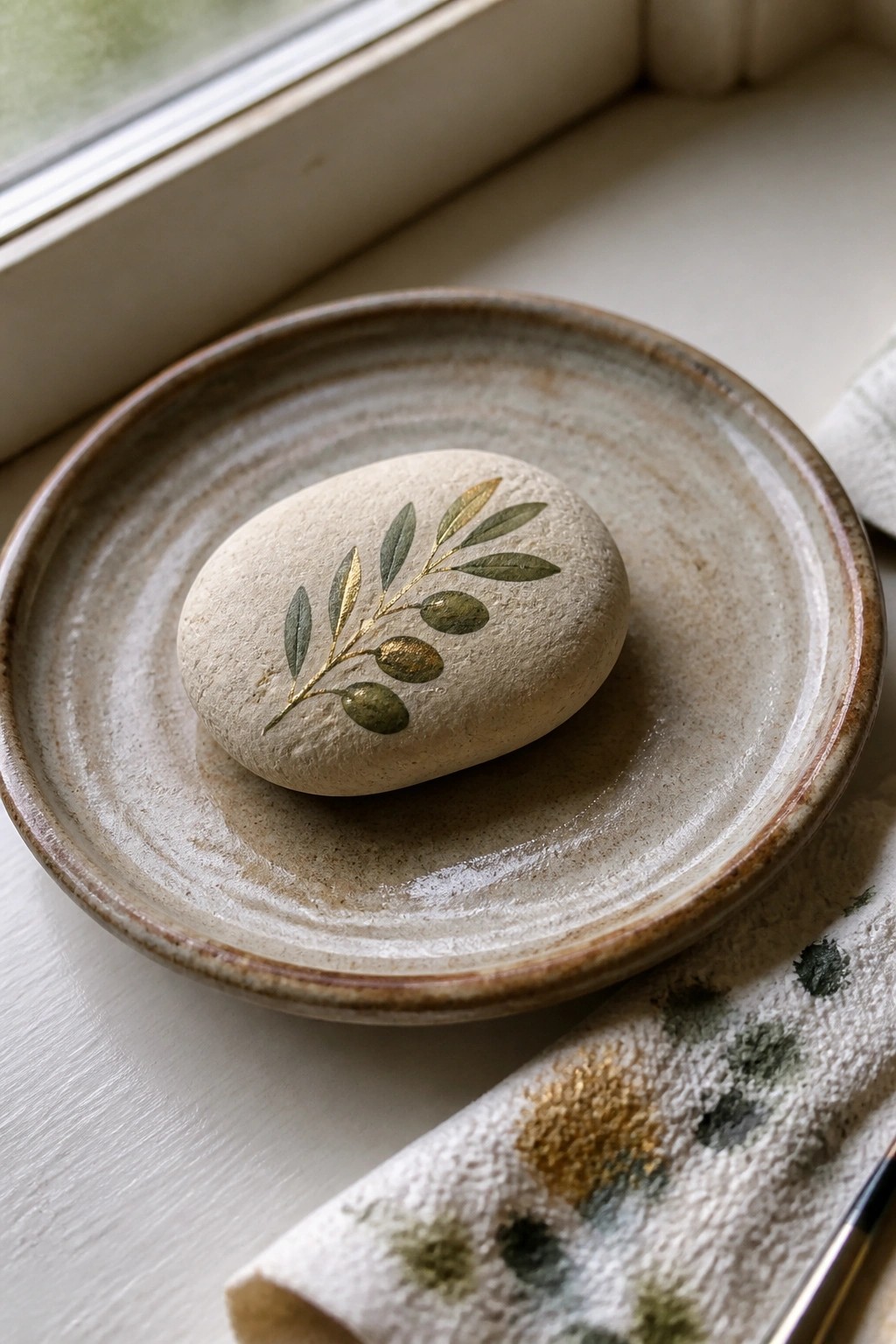 Painted stone with olive branch on rustic ceramic plate beside patterned cloth
