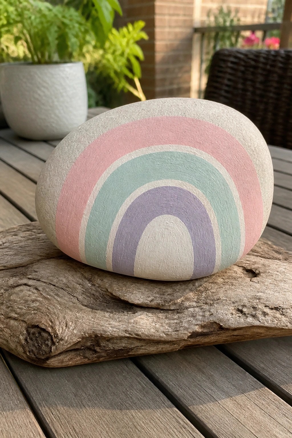 Pastel rainbow-painted stone on weathered driftwood atop wooden outdoor table