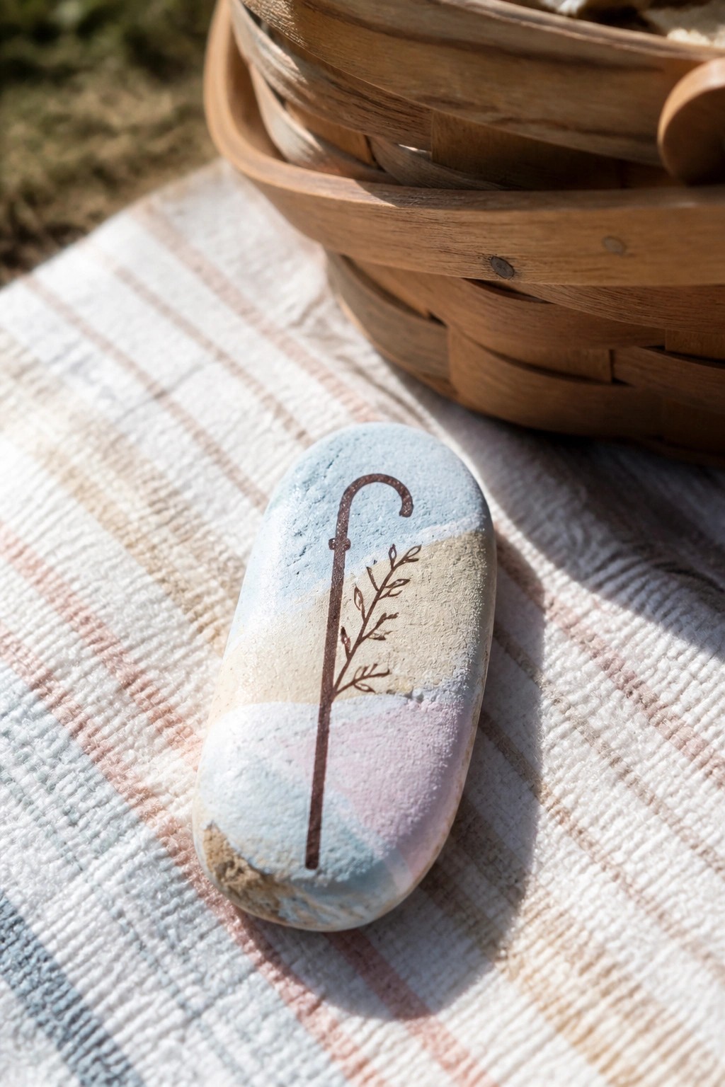 Painted stone with umbrella over pastel hills on striped cloth beside basket