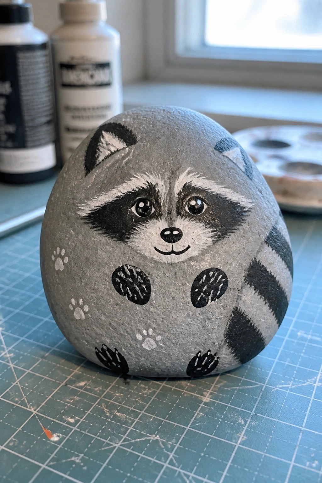 Painted gray rock with raccoon face, paws, and striped tail on green mat