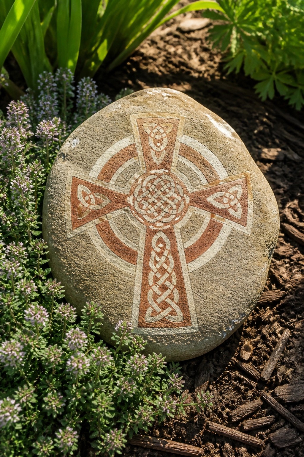 Round stone with ornate Celtic cross amid purple flowers and garden soil