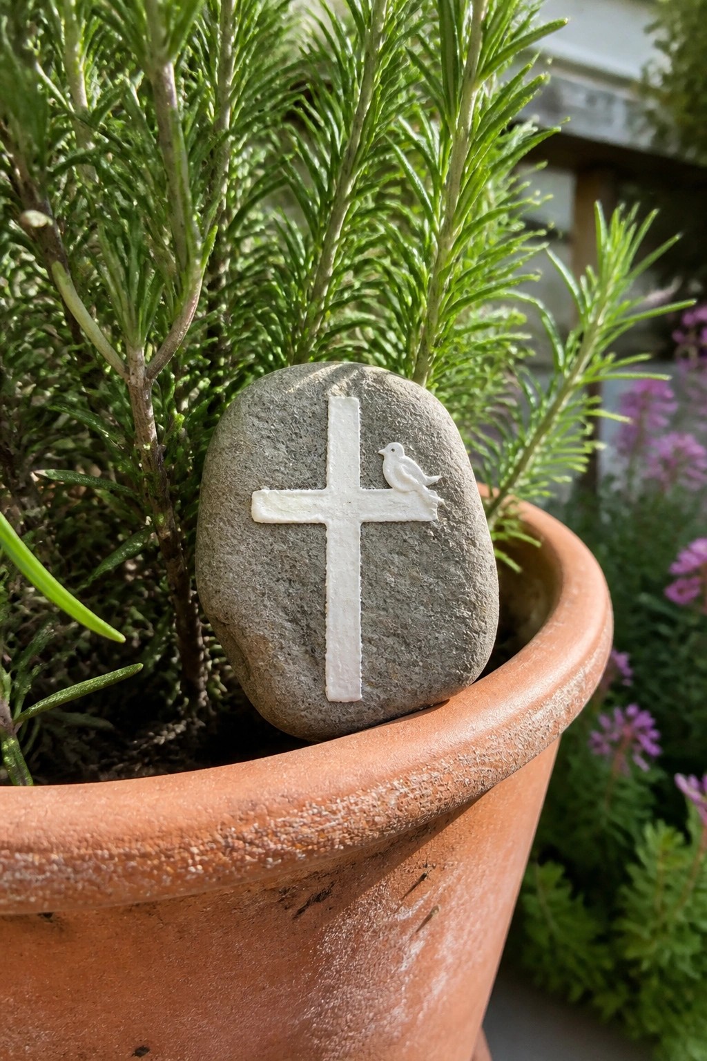 Gray stone with white cross and bird on terracotta pot amid green plants