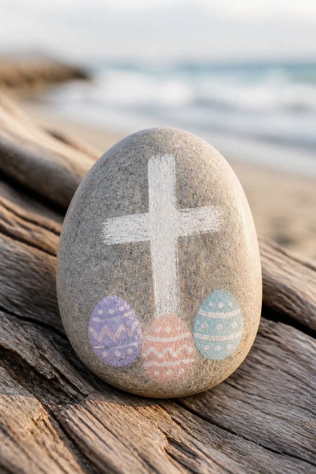 Gray rock with white cross and three colorful Easter eggs on driftwood by ocean.