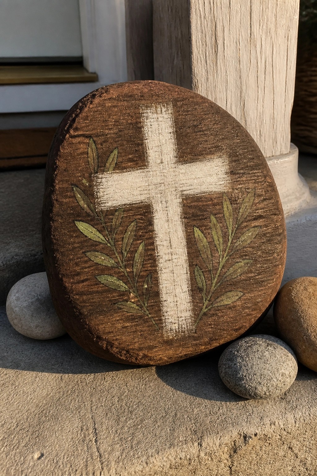 Rustic wooden plaque with white cross and green branches resting on stones