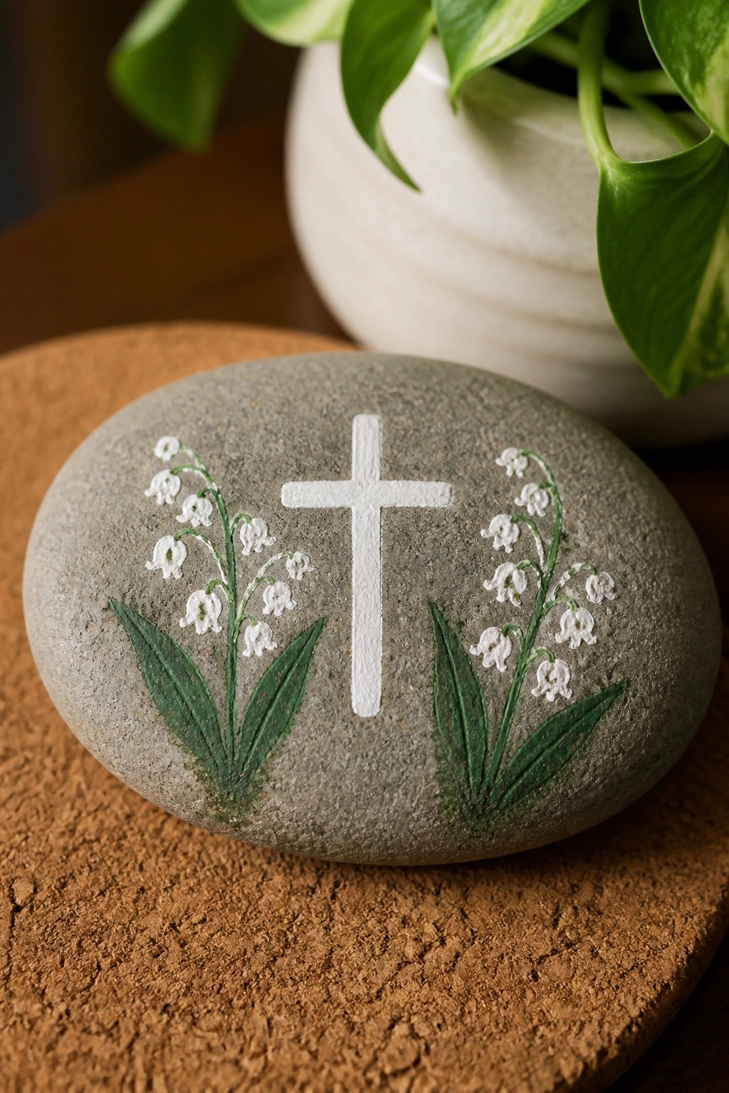 A gray oval rock with a white cross and white lily of the valley flowers painted on both sides rests on a brown surface.