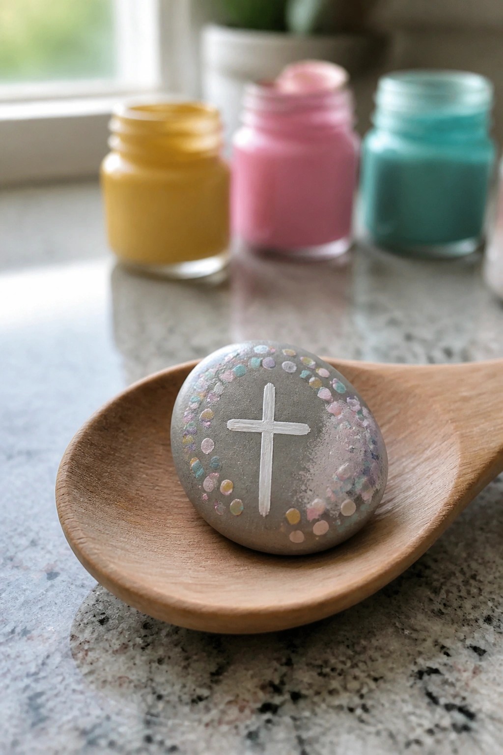 Gray rock with white cross and colorful dots on wooden spoon, paint jars behind