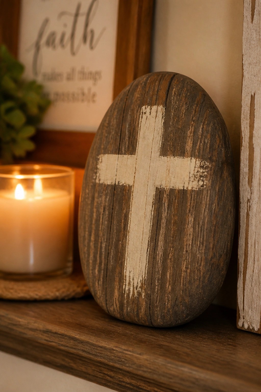 Weathered wooden egg with white cross beside lit candle on rustic shelf.
