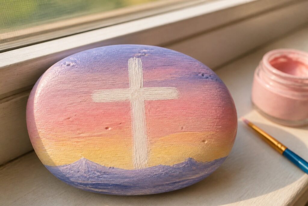 A rounded rock with a purple to yellow gradient and white cross painted on it rests on a windowsill beside a jar of pink paint.